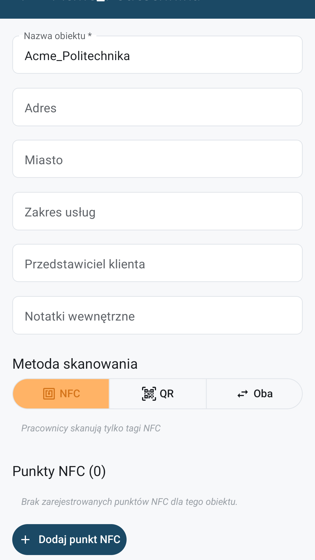 Ekran rejestracji skanu NFC